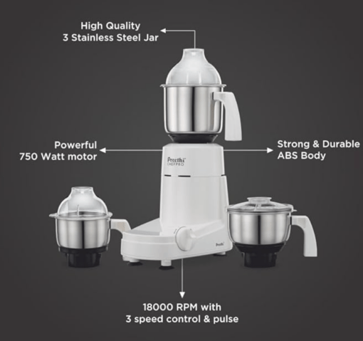 Preethi Chef Pro, MG-128, 750 Watt, 3 Jars, 5 year motor warranty, 2 years product guarantee, Life Long free service (White) - Image 4